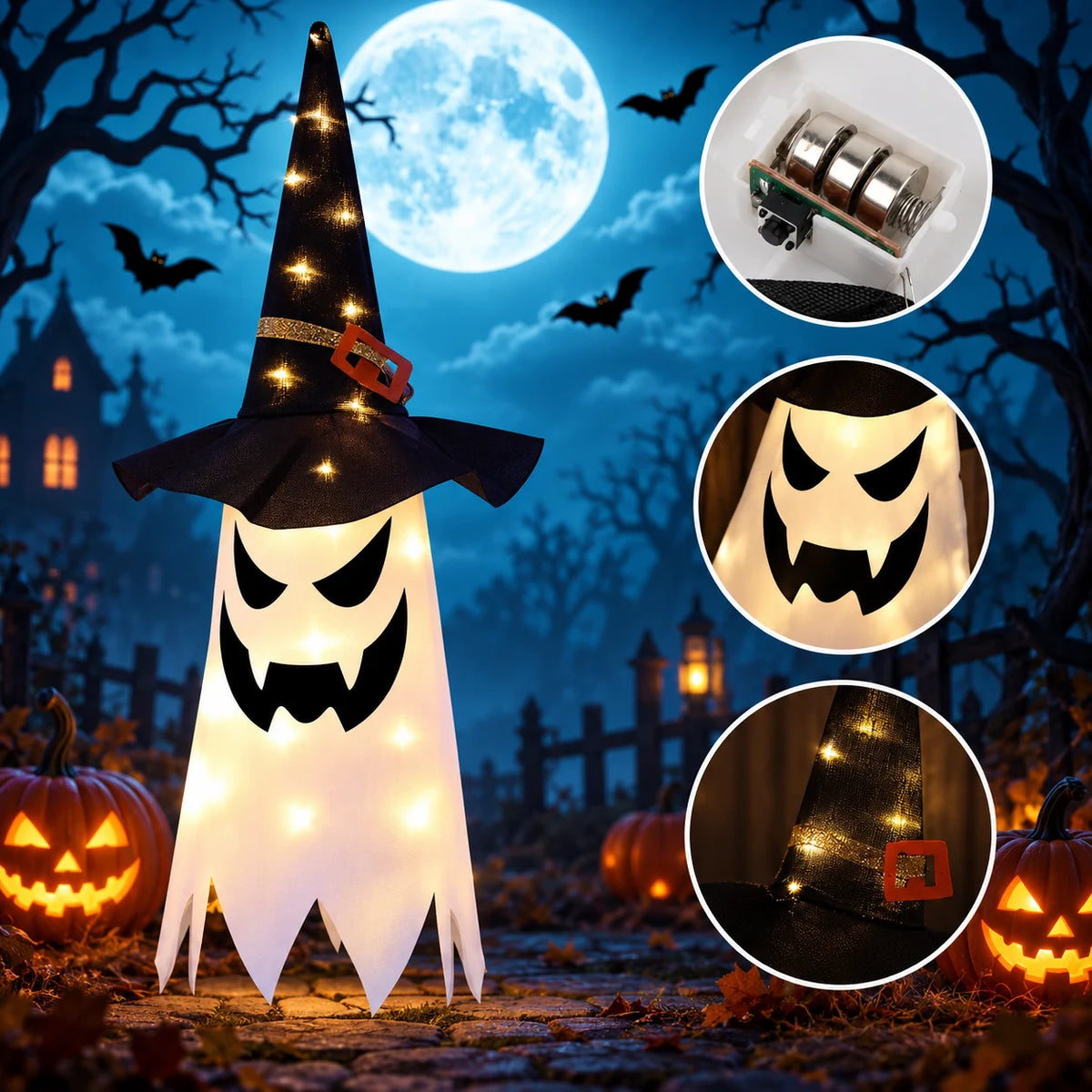 Halloween Geist LED Hängedeko Hexenhut 80cm Leuchtend Garten Fenster Deko