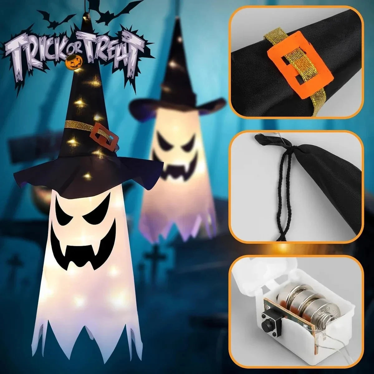 Halloween Geist LED Hängedeko Hexenhut 80cm Leuchtend Garten Fenster Deko