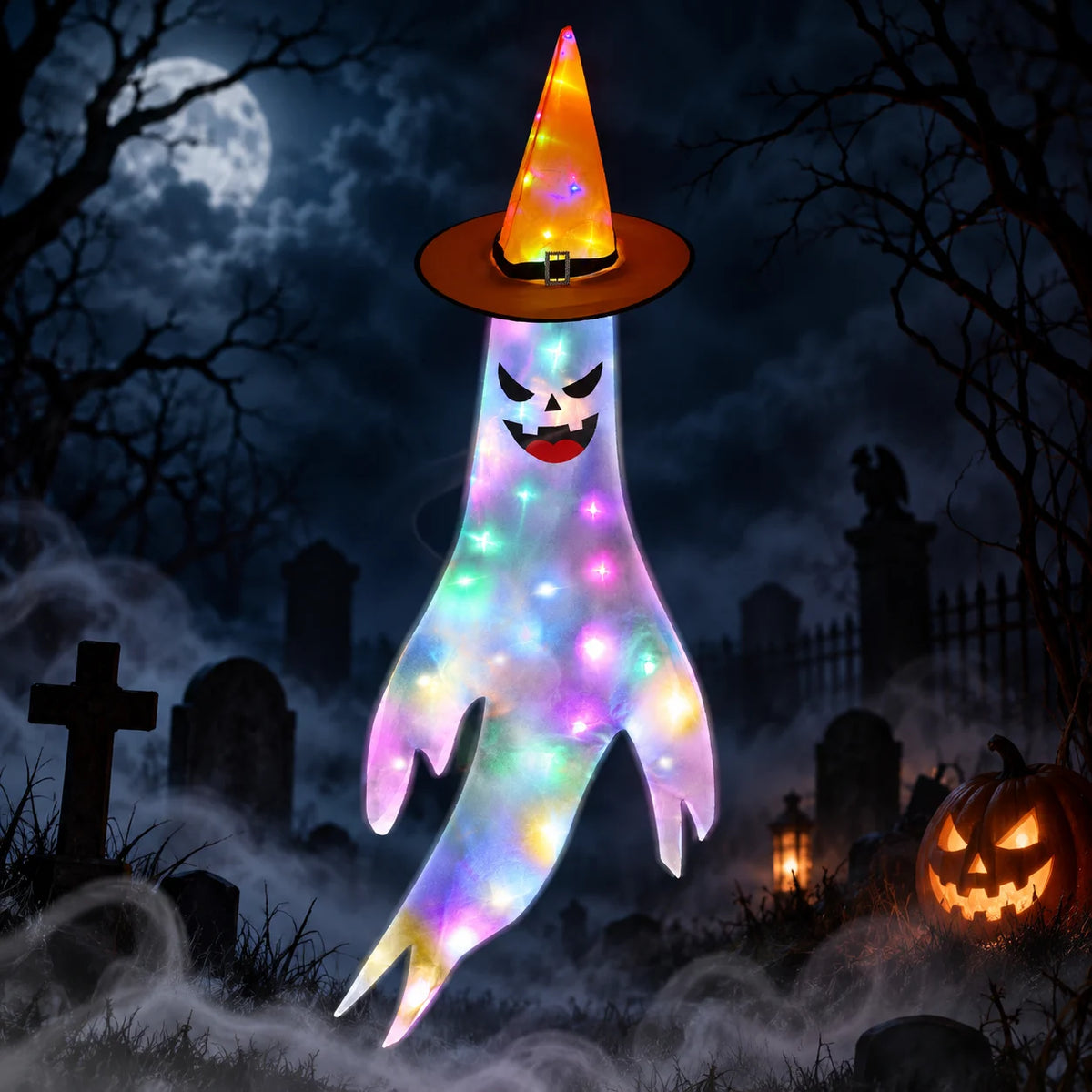 Halloween Geist Windsack 120cm Hexenhut Hängedeko Garten Party Gruseldeko