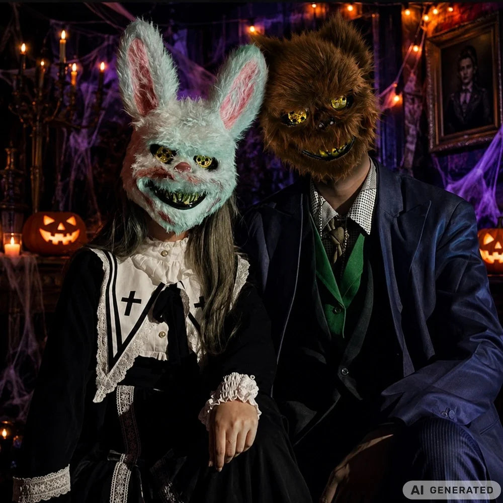 Halloween Hasenmaske Horror Maske 32cm Fell Grusel Kostüm Cosplay Weiß