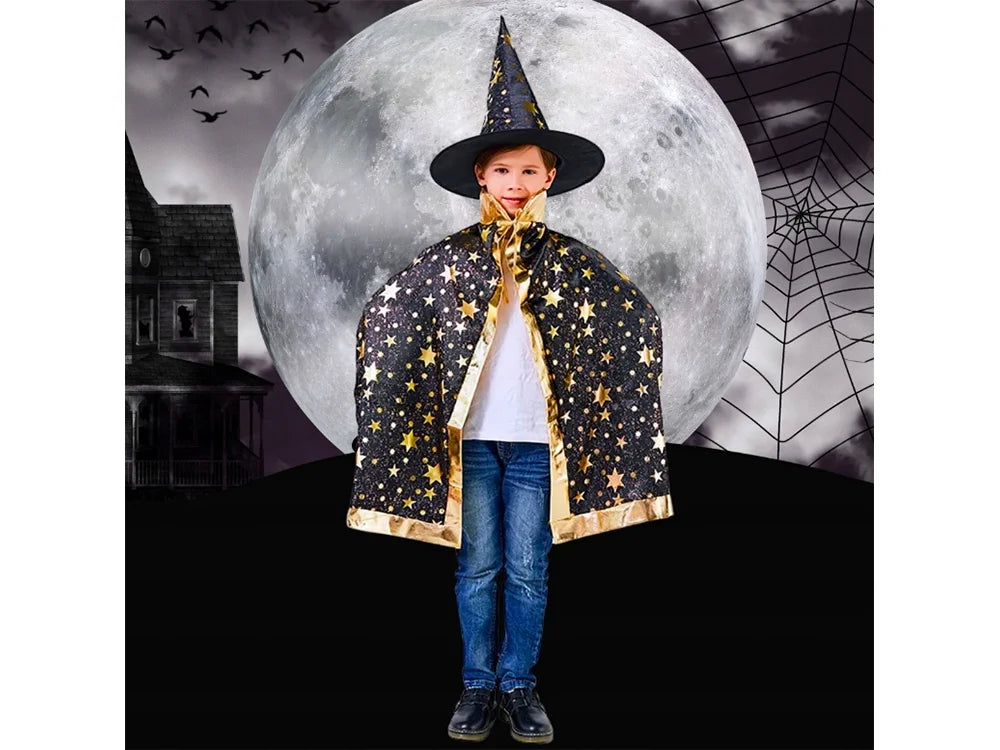 Halloween Zauberer Kostüm Magier Umhang mit Hut Sterne Karneval Verkleidung