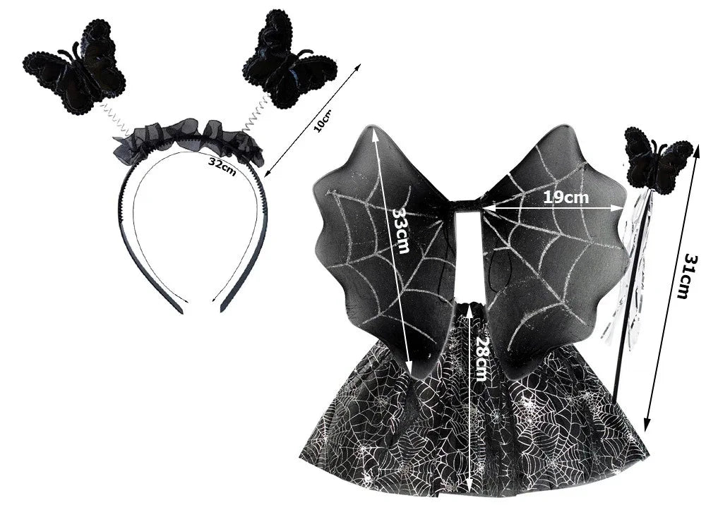 Halloween Kostüm Mädchen 🎃 Spinnenrock mit Stirnband Flügel & Zauberstab 👻