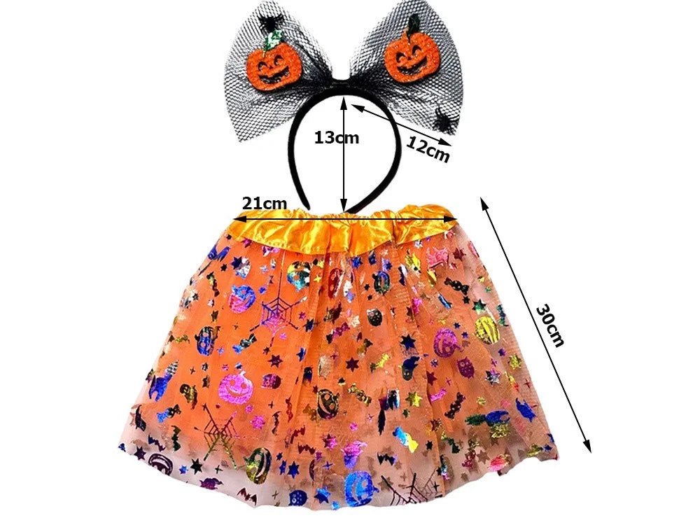 Halloween Kostüm Mädchen 🎃 Tutu Rock mit Kürbis Stirnband Schleife Glitzer 👻