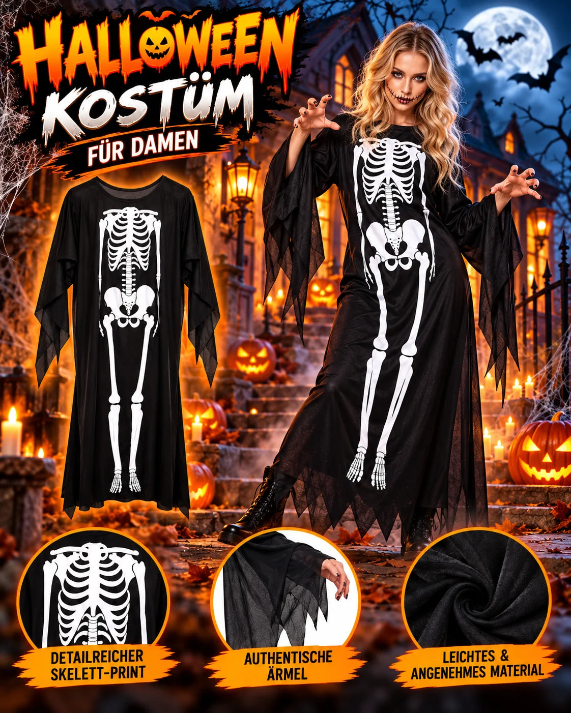 Skelett Kostüm Jumpsuit für Herren, Damen & Kinder – Halloween, Karneval und Cosplay