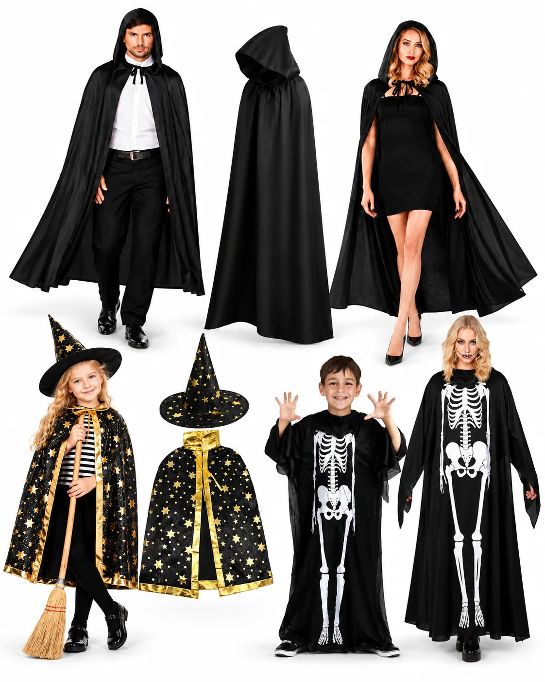 Halloween Kostüm Skelett Jumpsuit & Zauberer Umhang – Karneval, Fasching & Cosplay für Damen, Herren und Kinder