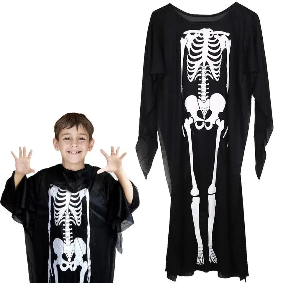 Halloween Kostüm Skelett Jumpsuit & Zauberer Umhang – Karneval, Fasching & Cosplay für Damen, Herren und Kinder