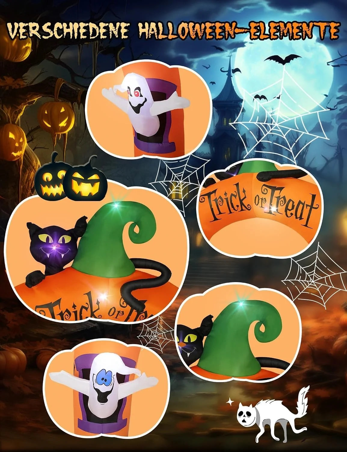Halloween Deko Aufblasbar 305cm Torbogen LED Geist Katze Garten Outdoor