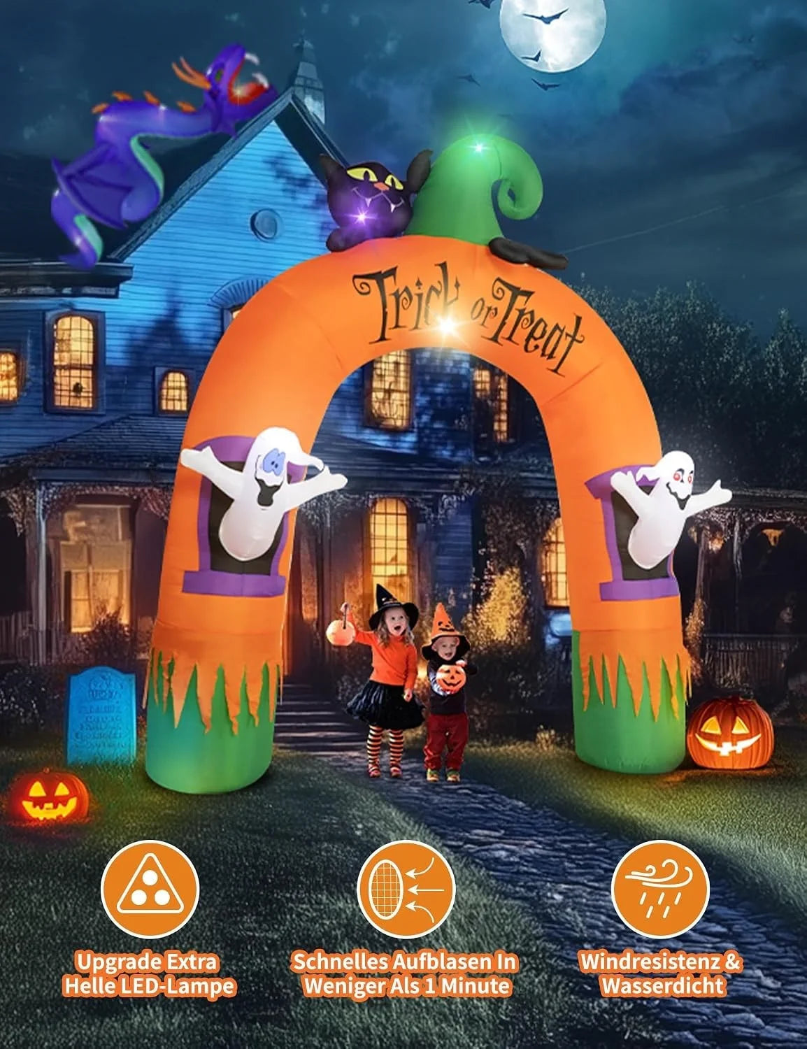 Halloween Torbogen Aufblasbar mit LEDs 305cm Deko Outdoor Schwarze Katze