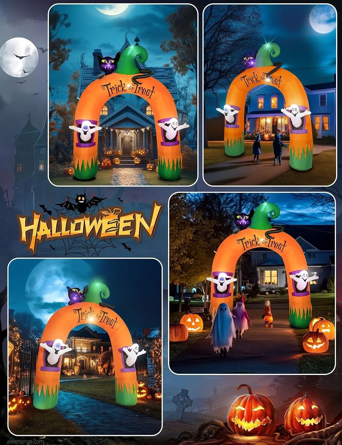 Halloween Deko Aufblasbar 305cm Torbogen LED Geist Katze Garten Outdoor