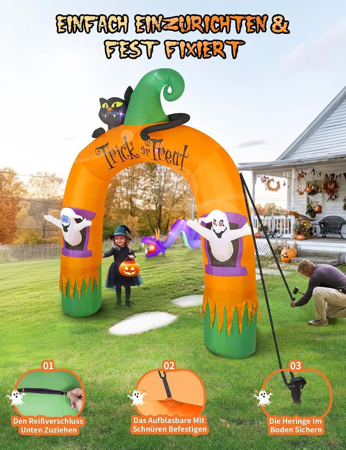 Halloween Torbogen Aufblasbar mit LEDs 305cm Deko Outdoor Schwarze Katze