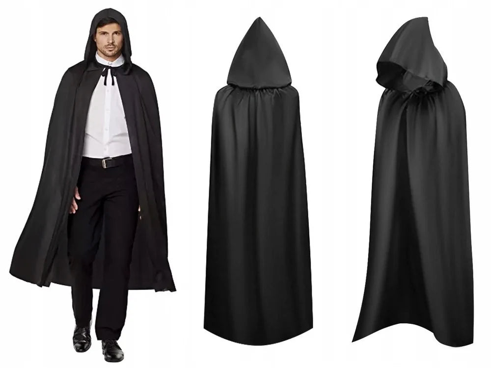 Halloween Umhang Schwarz mit Kapuze 120cm Cape Kostüm Vampir Hexe Verkleidung