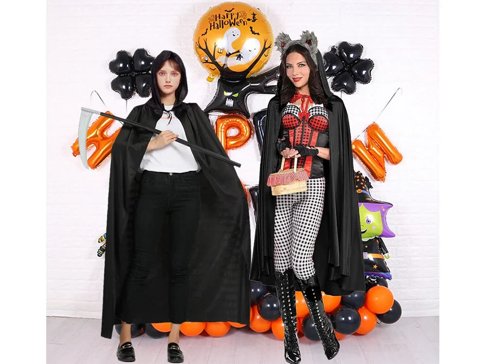 Halloween Umhang Schwarz mit Kapuze 120cm Cape Kostüm Vampir Hexe Verkleidung