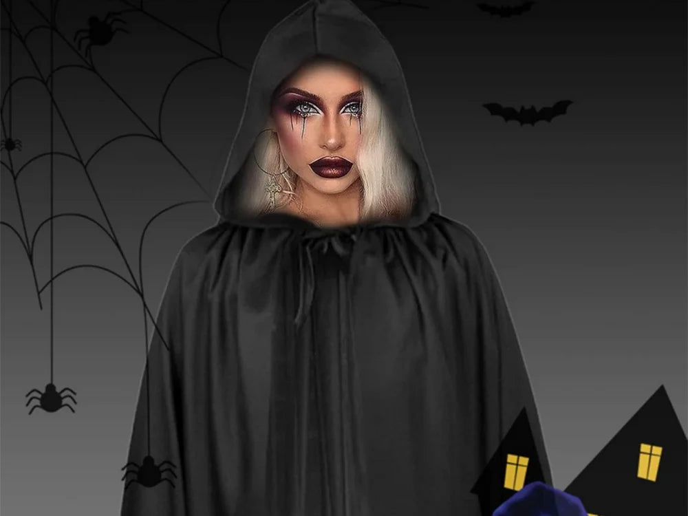 Halloween Umhang Schwarz mit Kapuze 120cm Cape Kostüm Vampir Hexe Verkleidung