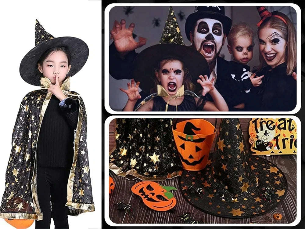 Halloween Zauberer Kostüm Magier Umhang mit Hut Sterne Karneval Verkleidung