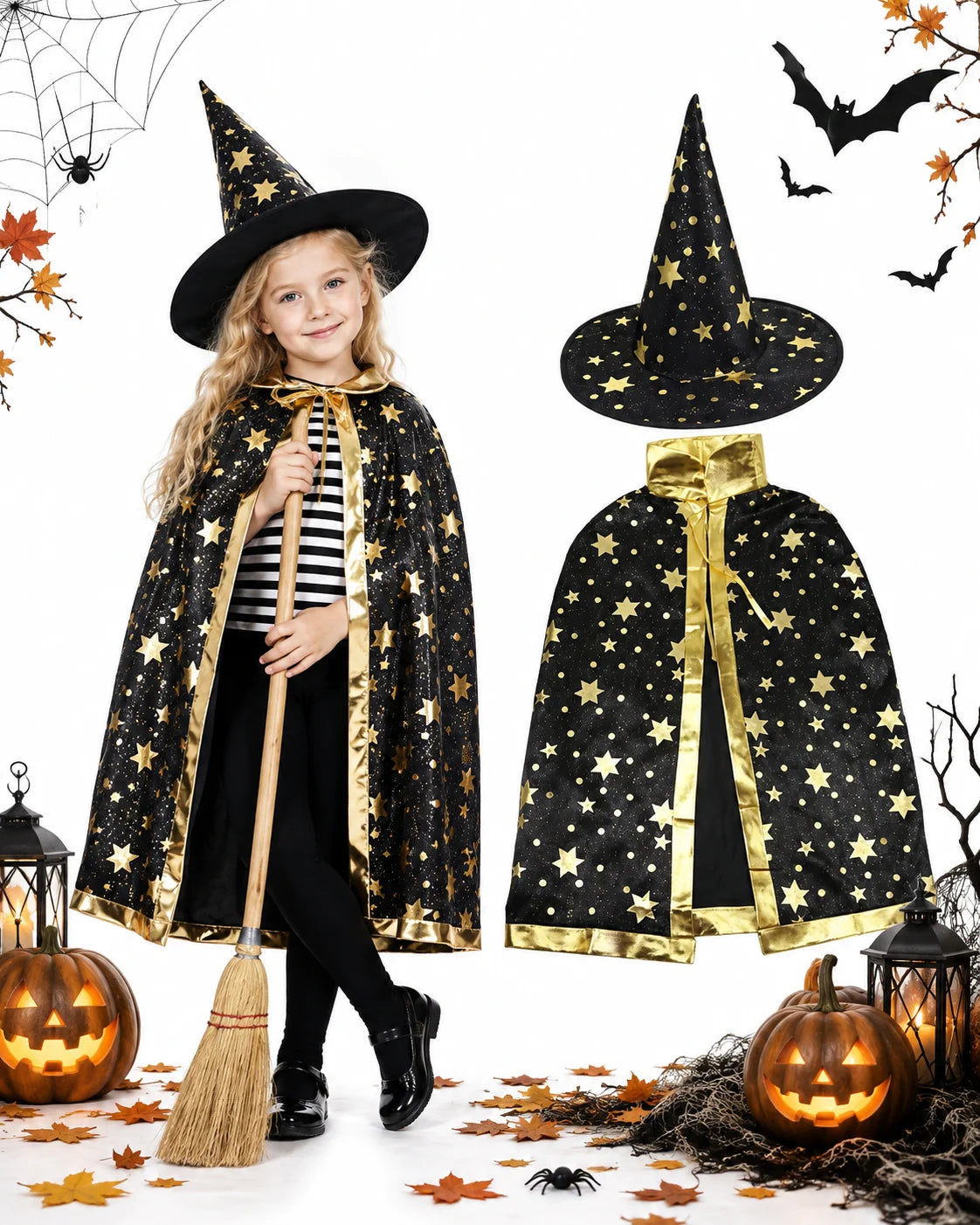 Halloween Kostüm Kinder Zauberer Hexe Umhang mit Hut 🎃 Party Karneval