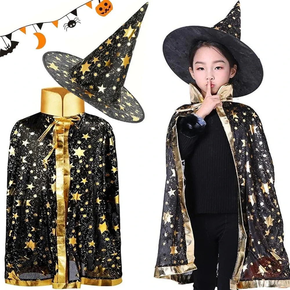 Halloween Zauberer Kostüm Magier Umhang mit Hut Sterne Karneval Verkleidung