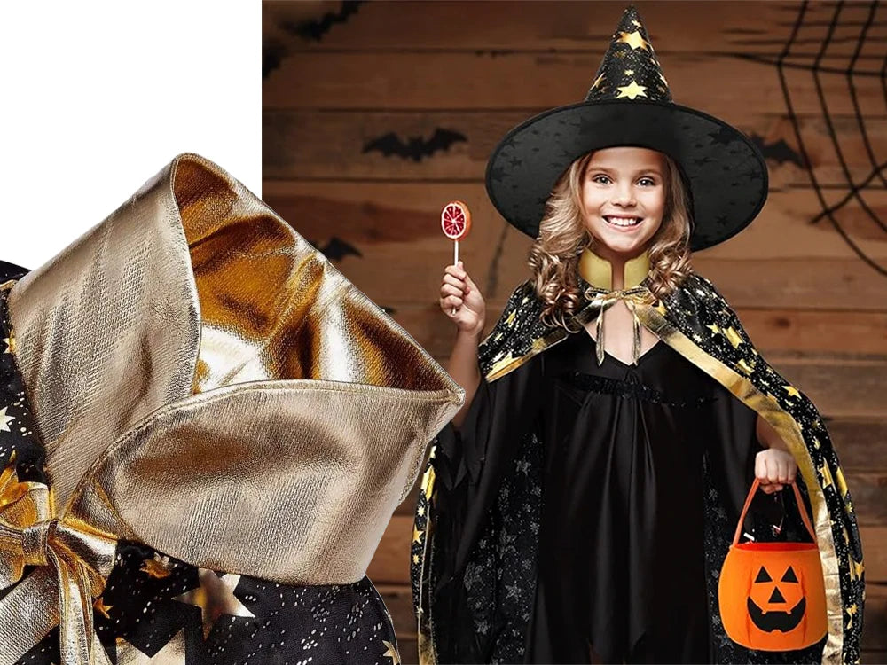 Kinder Halloween Kostüm Hexe Zauberer Umhang mit Hut 🎃 Karneval Verkleidung