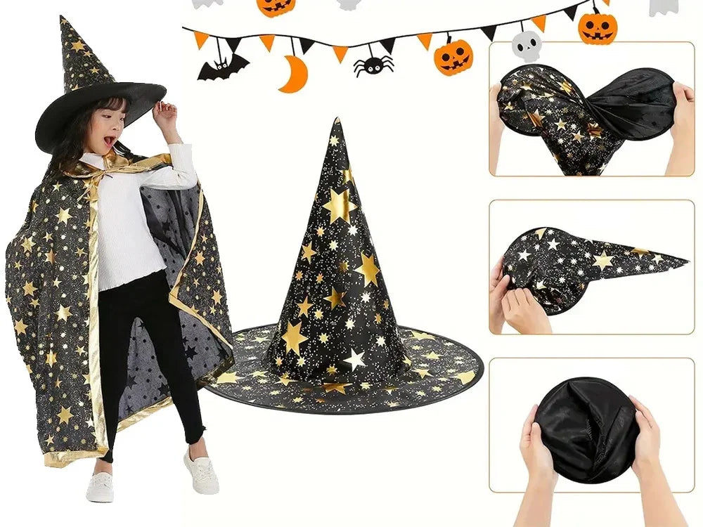 Halloween Zauberer Kostüm Magier Umhang mit Hut Sterne Karneval Verkleidung