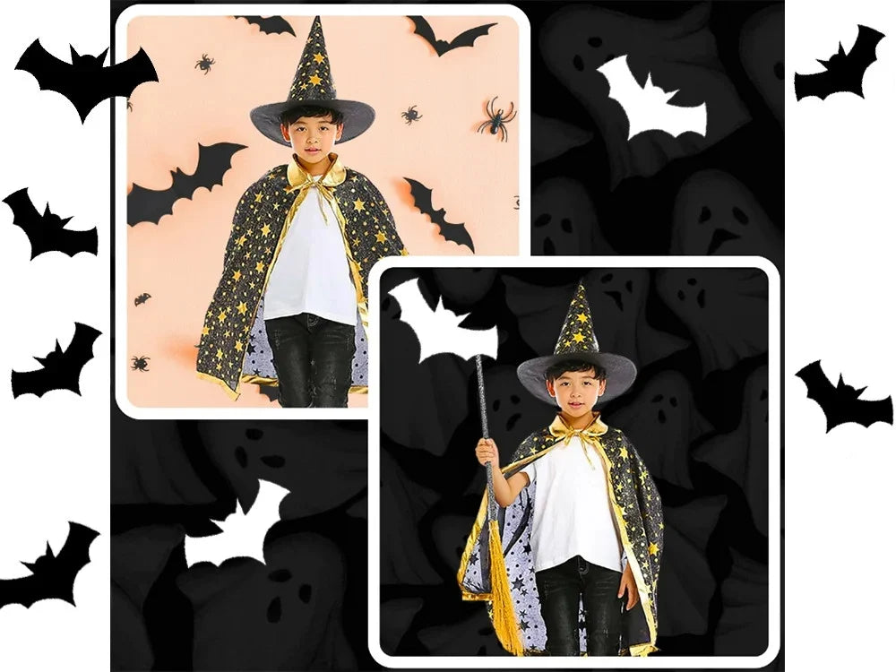 Halloween Zauberer Kostüm Magier Umhang mit Hut Sterne Karneval Verkleidung