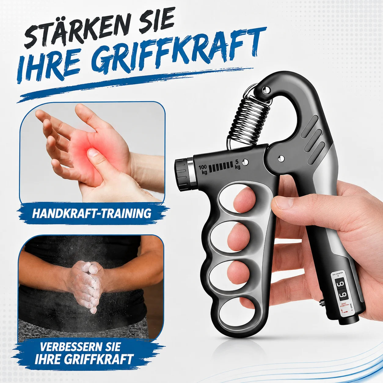 Handtrainer Griffkrafttrainer 5-100kg Einstellbar mit Zähler Unterarm Finger Fit