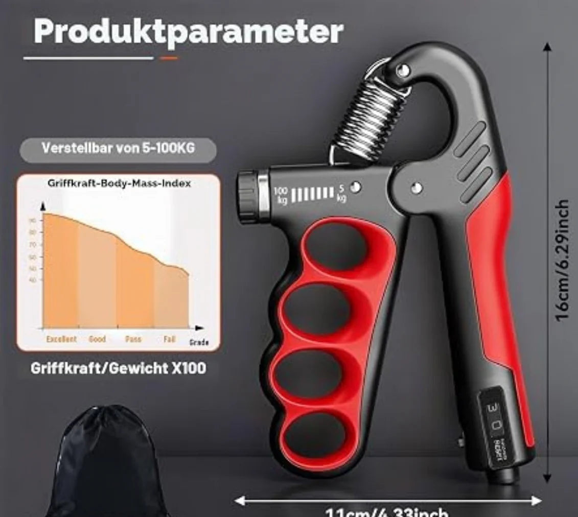 Handtrainer Griffkrafttrainer 5-100kg Einstellbar mit Zähler Unterarm Finger Fit