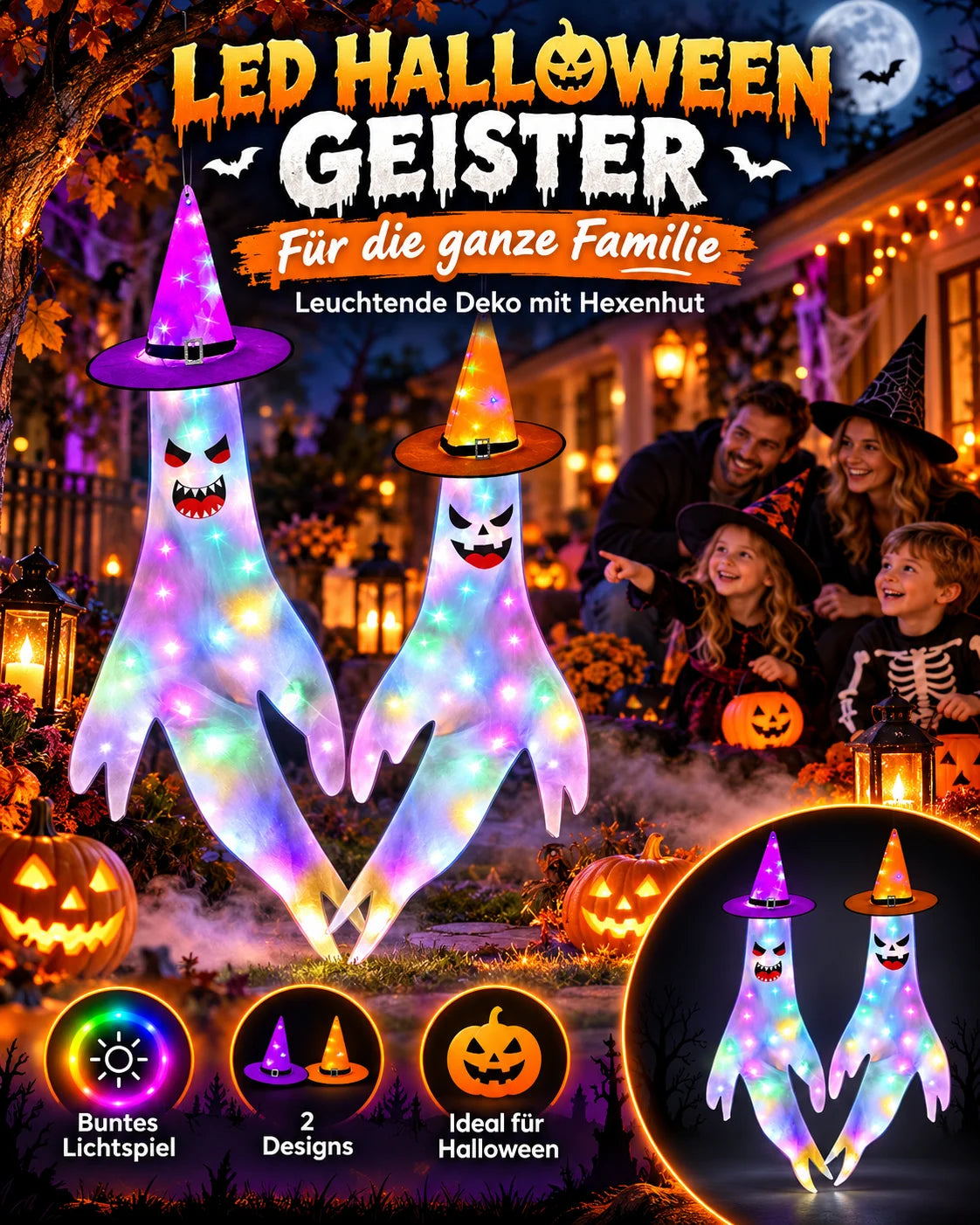 Halloween Geist Windsack 120cm Hexenhut Hängedeko Garten Party Gruseldeko