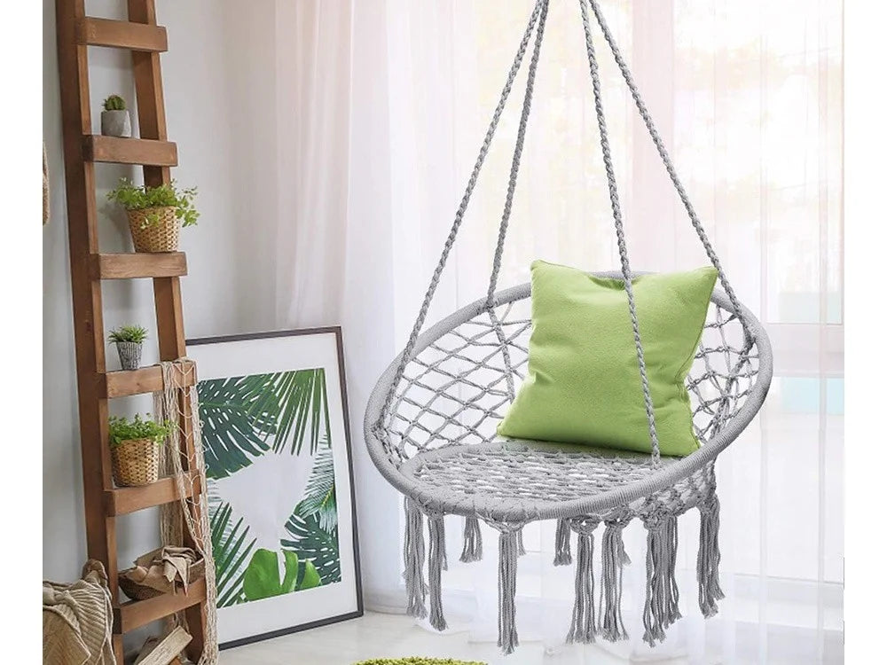 Hängesessel Boho Hängestuhl Hängeschaukel Makramee 120kg Grau Nestschaukel
