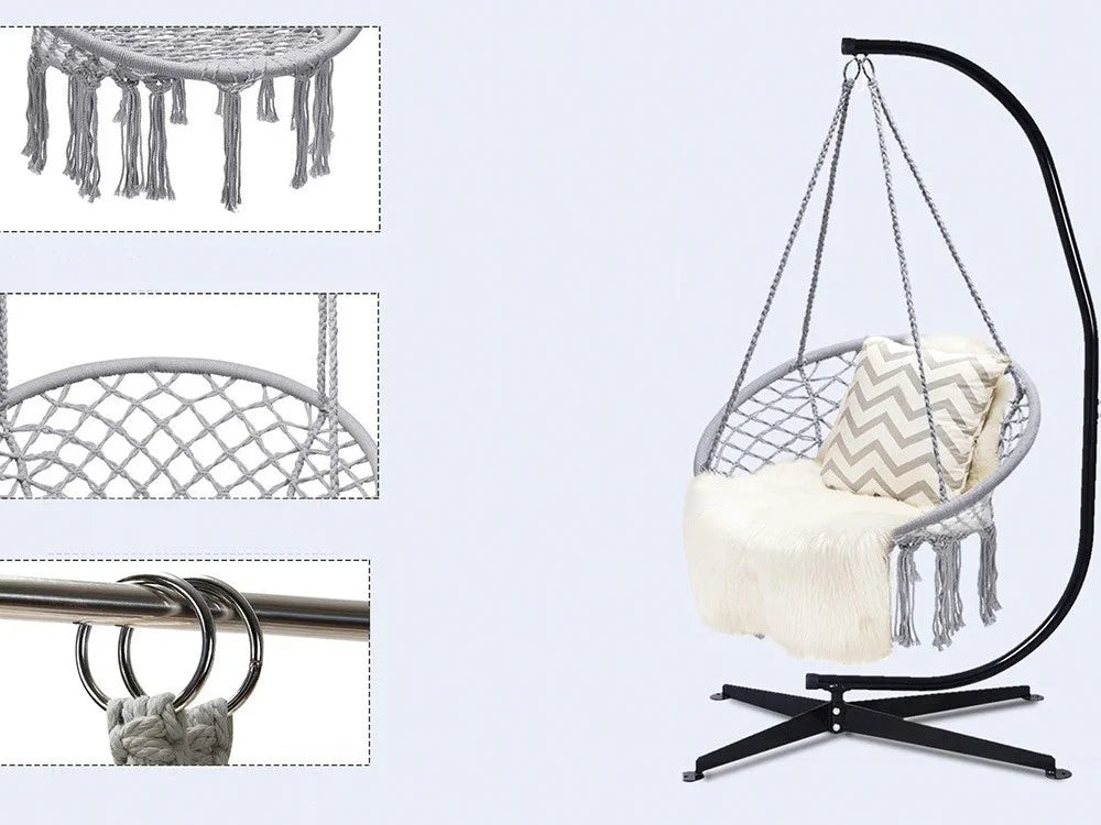 Hängesessel Boho Hängestuhl Hängeschaukel Makramee 120kg Grau Nestschaukel