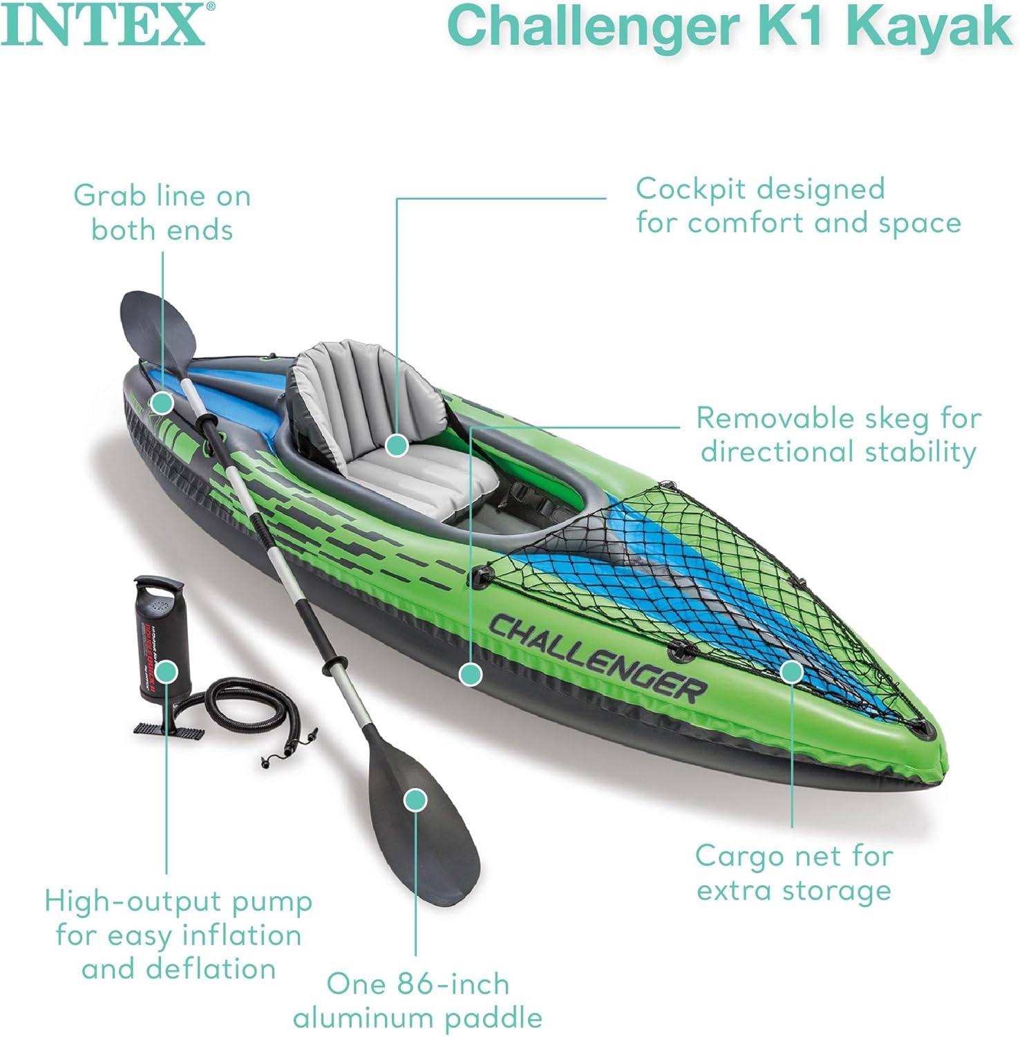 Intex Kayak Challenger K1 Set Inflatable Boat Paddle Boat + Aluminum Paddle Pump NEW 