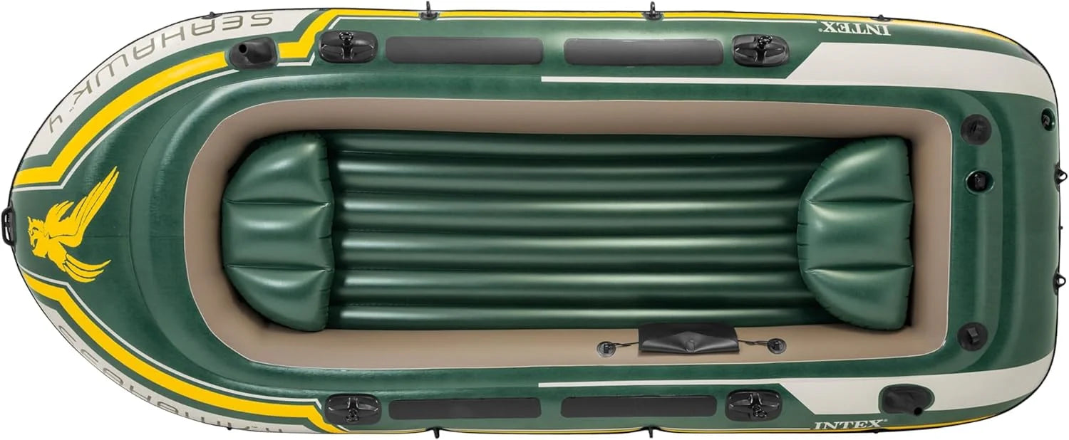 INTEX Seahawk 4 Schlauchboot Set – 4 Personen bis 480 kg mit Alu-Paddeln, Handpumpe & Angelrutenhaltern