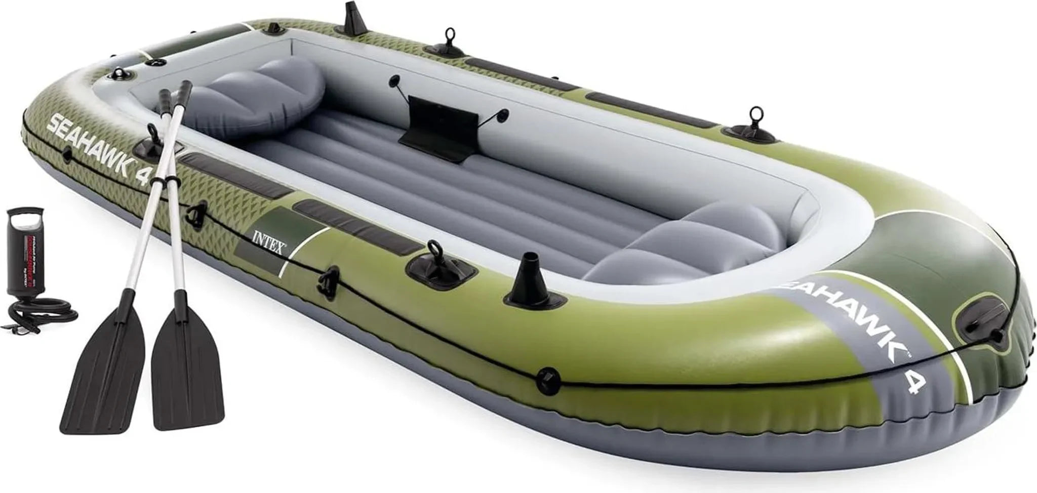 INTEX Seahawk 4 Schlauchboot Set – 4 Personen bis 480 kg mit Alu-Paddeln, Handpumpe & Angelrutenhaltern