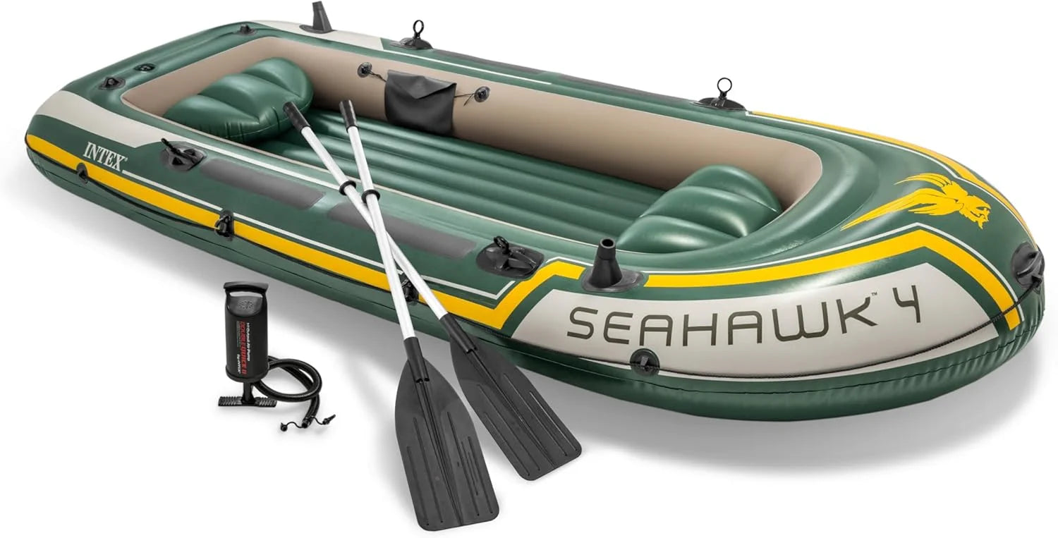 INTEX Seahawk 4 Schlauchboot Set – 4 Personen bis 480 kg mit Alu-Paddeln, Handpumpe & Angelrutenhaltern