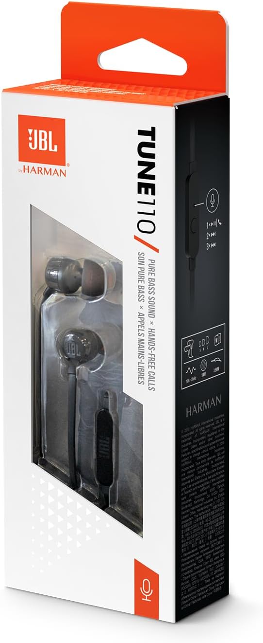 JBL Tune 110 in-ear headphones with tangle-free ribbon cable and microphone 