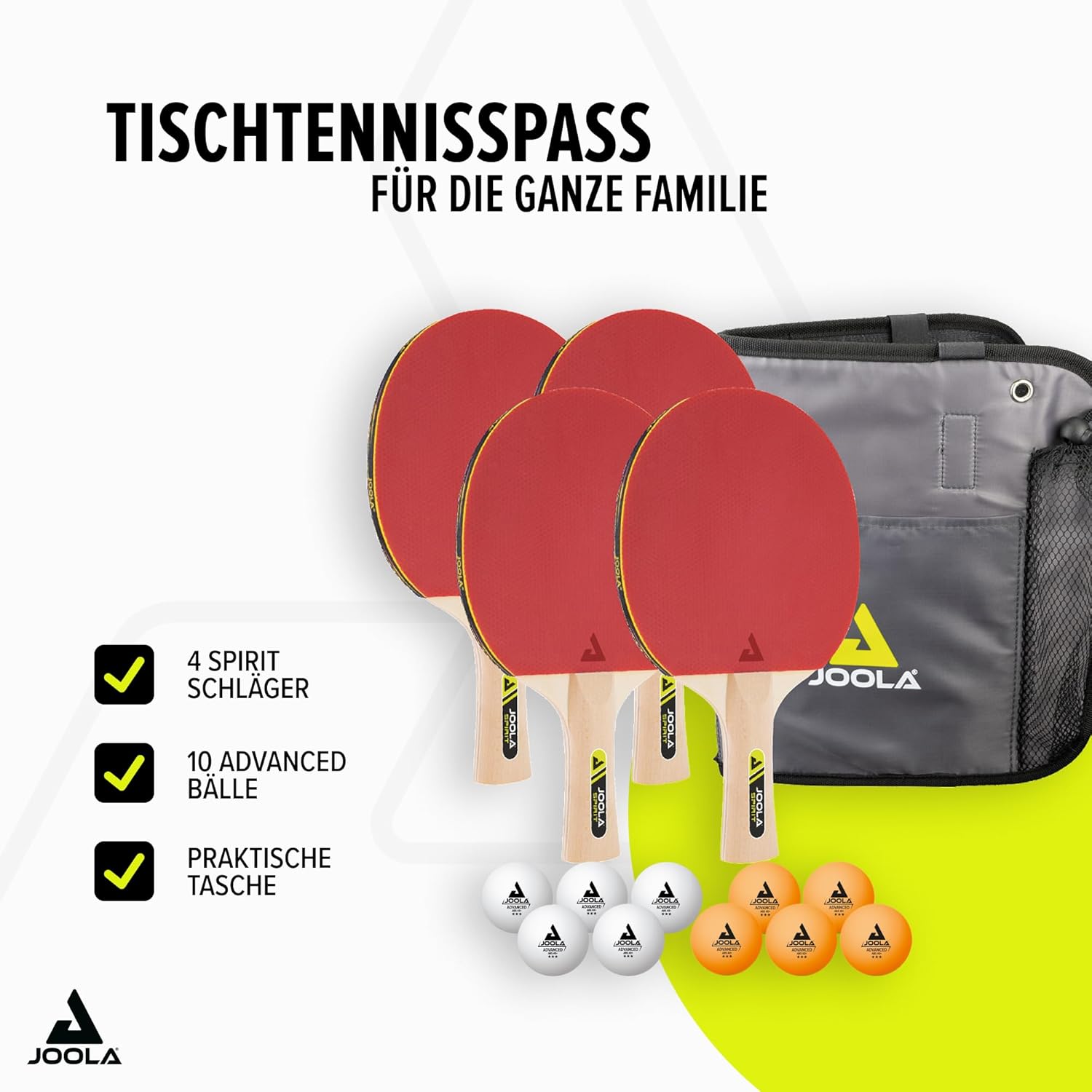 JOOLA Tischtennis Family Set – 4 Schläger, 10 Bälle & Tragetasche für Familie, Schule & Freizeit