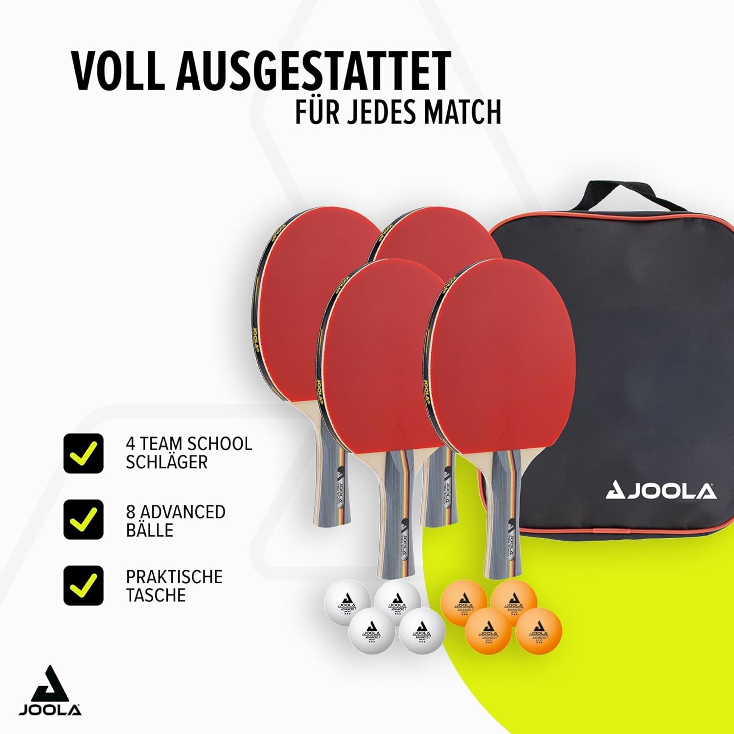 JOOLA Tischtennis Team School Set 4x Tischtennisschläger 4x TT Bälle inkl Tasche