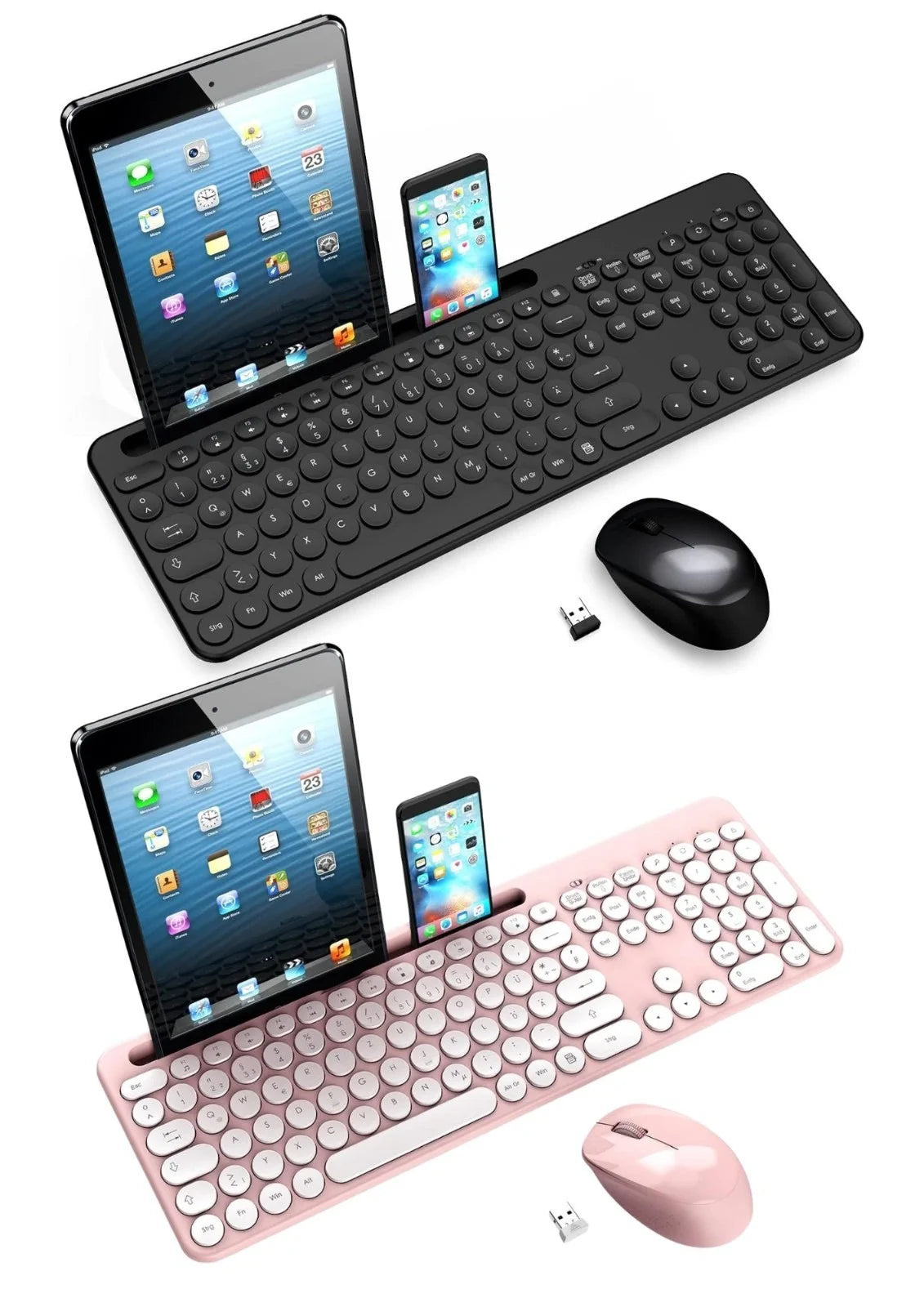 Kabellose Tastatur Maus Set Deutsch QWERTZ USB Funk Leise PC Laptop Schwarz Rosa