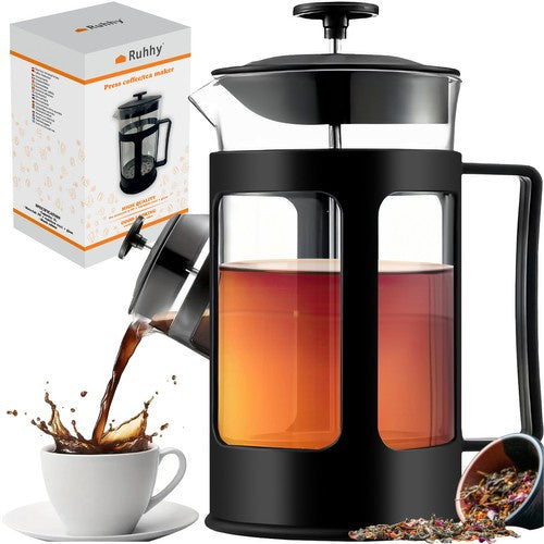 French Press Kaffeebereiter 1L – 8 Tassen aus Glas & Edelstahl, Schwarz, Spülmaschinenfest