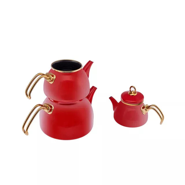 Karaca Retro Emaille Teekannen- Set, Rot, Induktionsgeeignet,Türkische Caydanlik