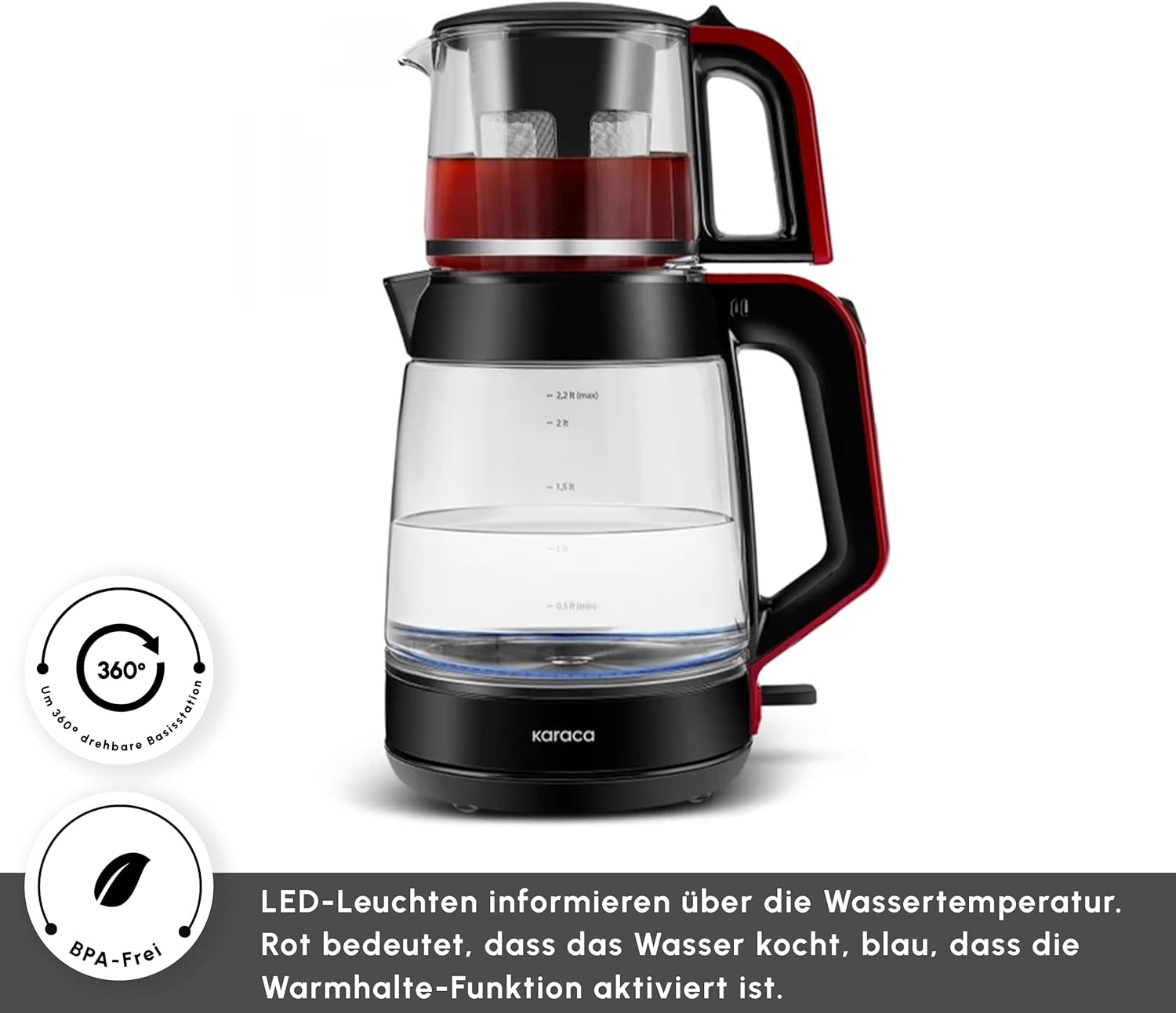 KARACA Teekocher 2,2 L Wasserkocher Glas 0,9L Teekanne mit Sieb Teemaschine ☕☕☕