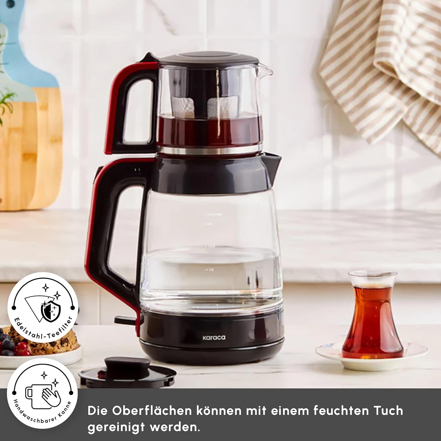 KARACA Teekocher 2,2 L Wasserkocher Glas 0,9L Teekanne mit Sieb Teemaschine ☕☕☕