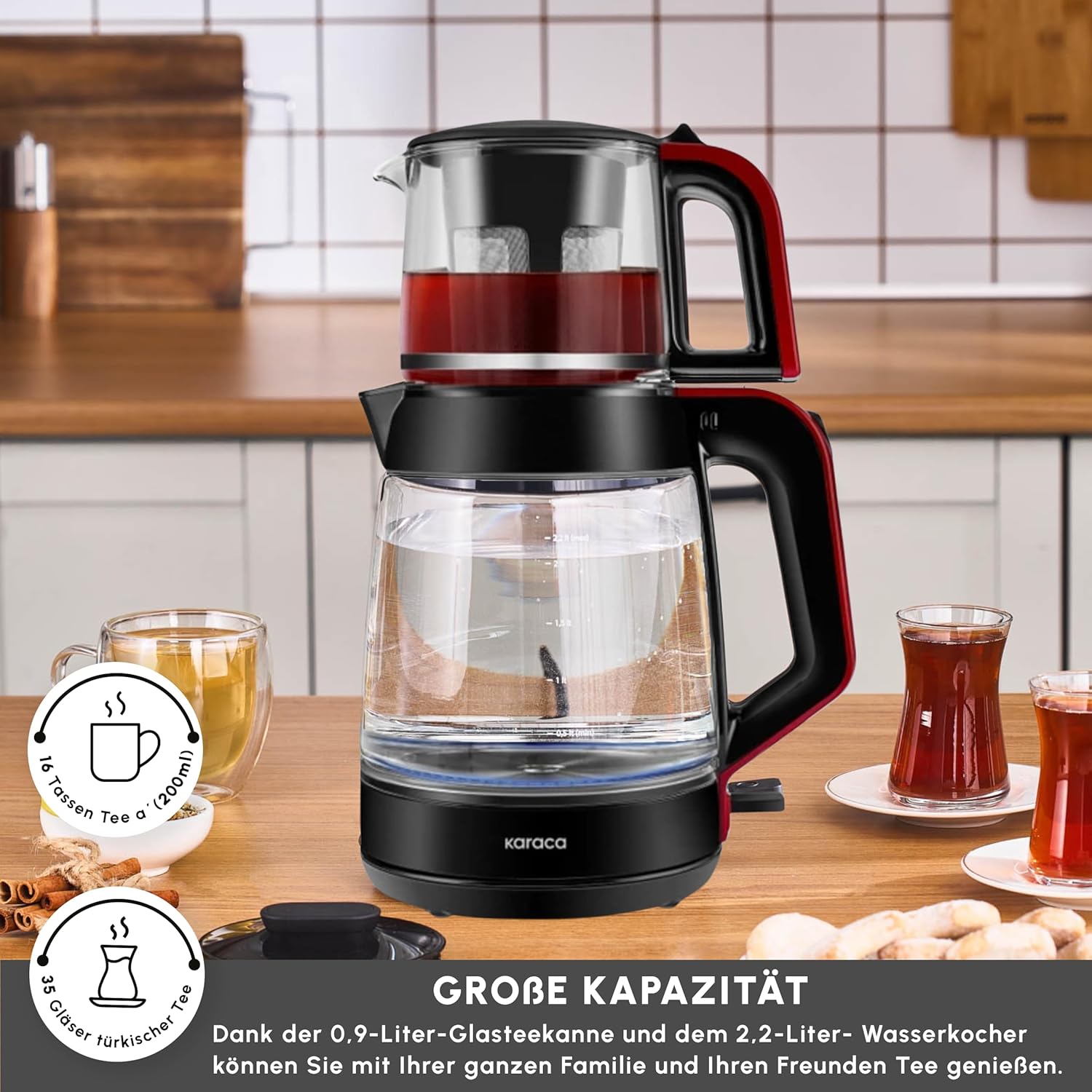 KARACA Teekocher 2,2 L Wasserkocher Glas 0,9L Teekanne mit Sieb Teemaschine ☕☕☕