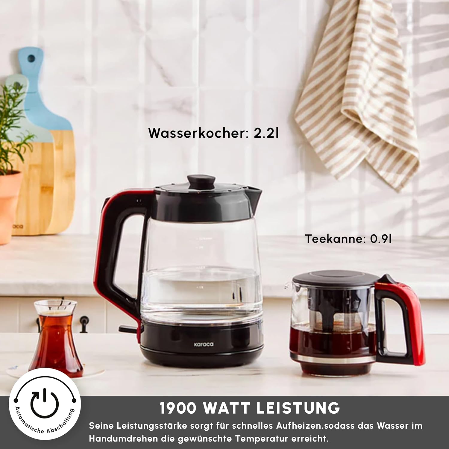KARACA Teekocher 2,2 L Wasserkocher Glas 0,9L Teekanne mit Sieb Teemaschine ☕☕☕