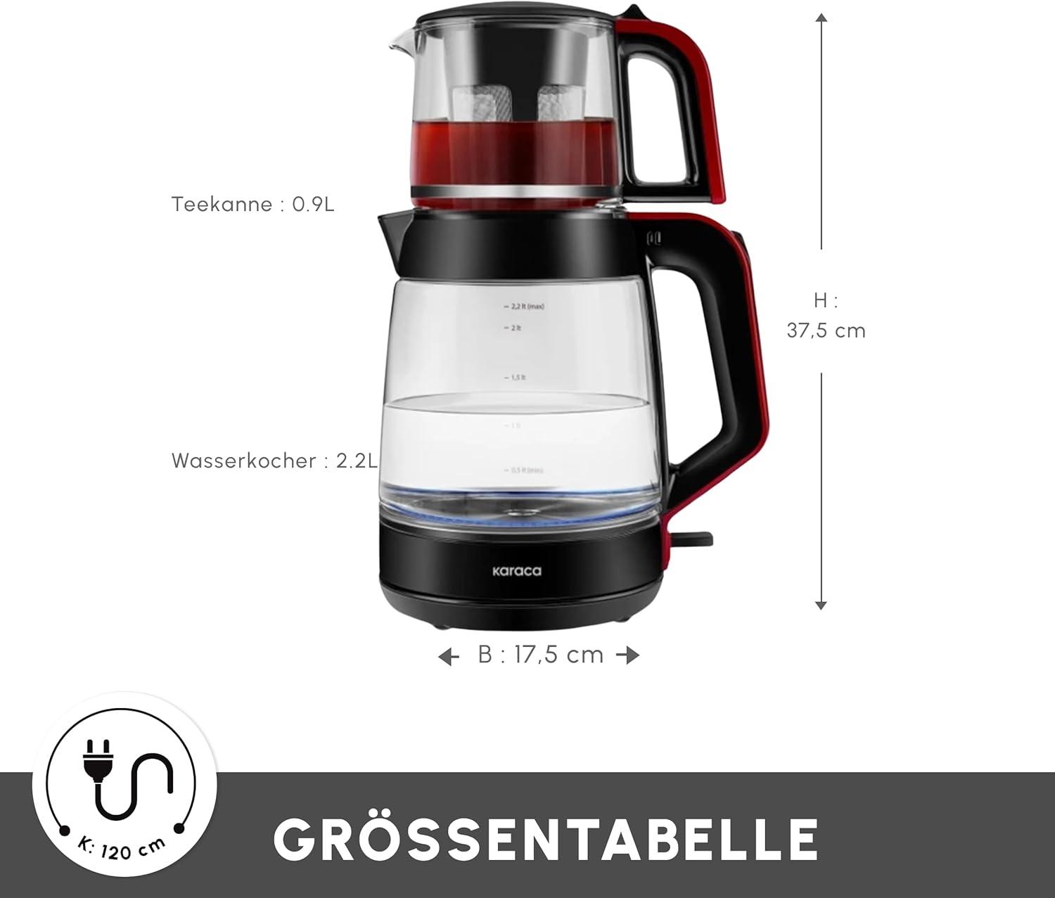 KARACA Teekocher 2,2 L Wasserkocher Glas 0,9L Teekanne mit Sieb Teemaschine ☕☕☕