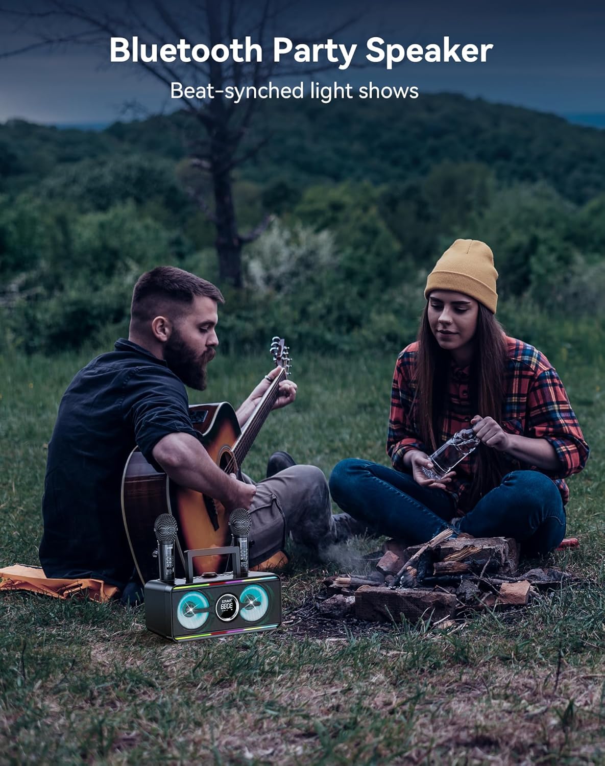 Karaoke Maschine mit 2 Funkmikrofonen, LED PA Lautsprecher, Bluetooth, USB