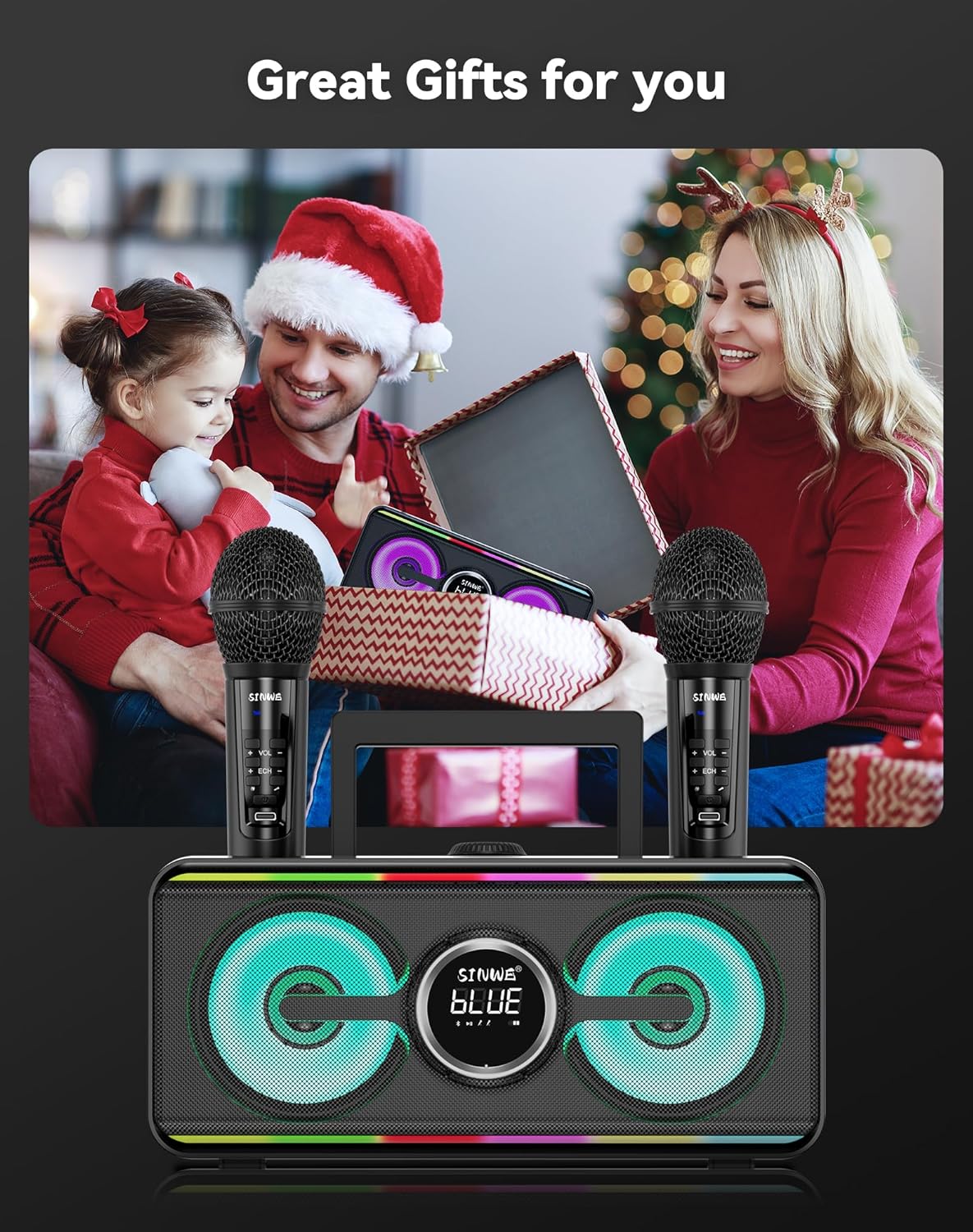 Karaoke Maschine mit 2 Funkmikrofonen, LED PA Lautsprecher, Bluetooth, USB