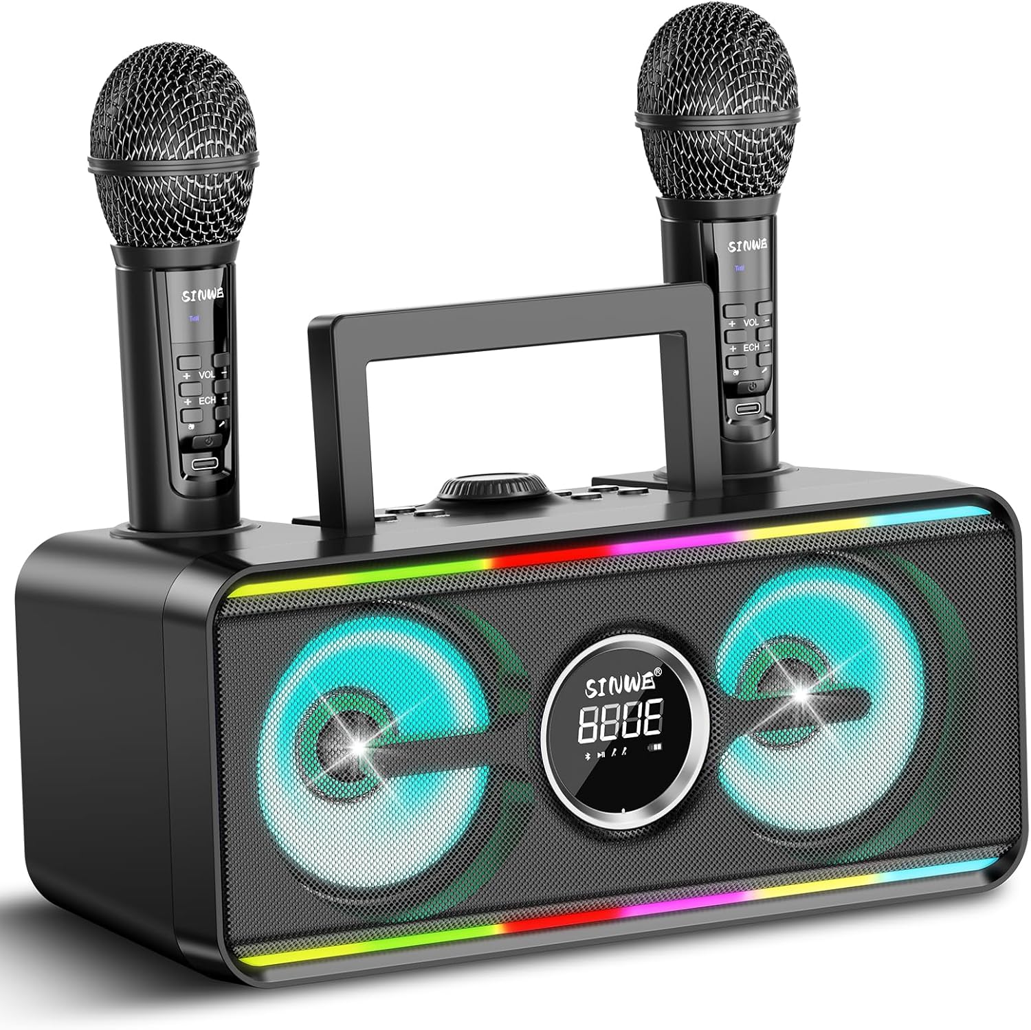 Karaoke Maschine mit 2 Funkmikrofonen, LED PA Lautsprecher, Bluetooth, USB