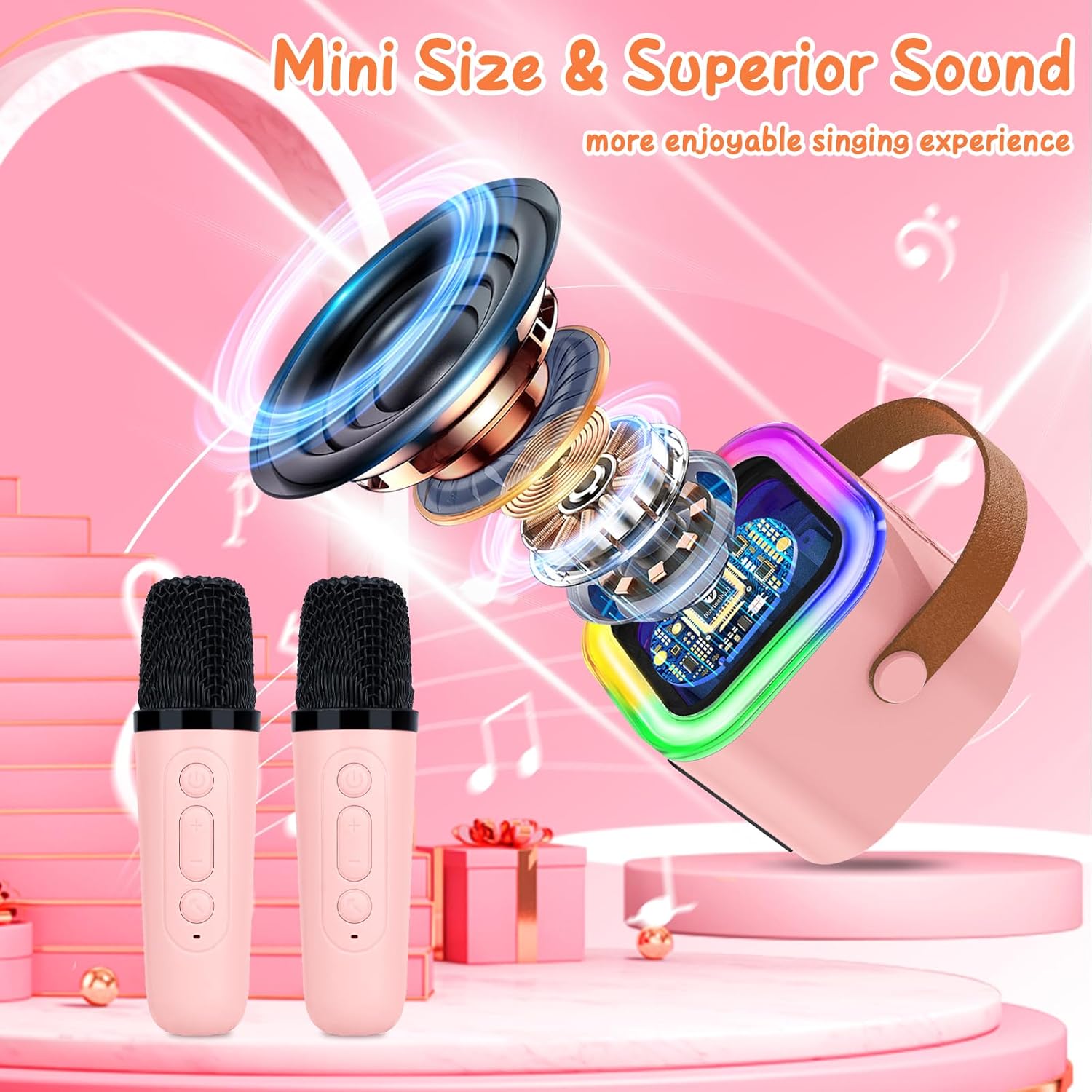 Bluetooth Karaoke Maschine mit 2 Kabellosen Mikrofonen & LED – Für Kinder & Erwachsene