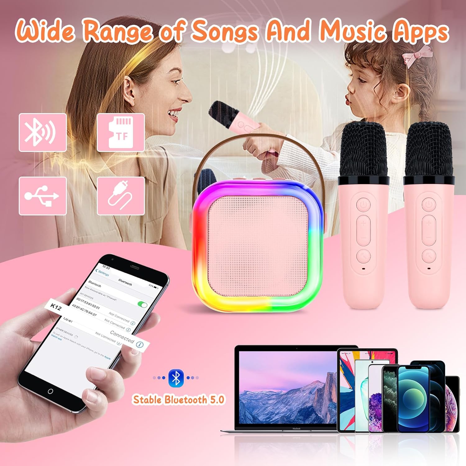 Bluetooth Karaoke Maschine mit 2 Kabellosen Mikrofonen & LED – Für Kinder & Erwachsene