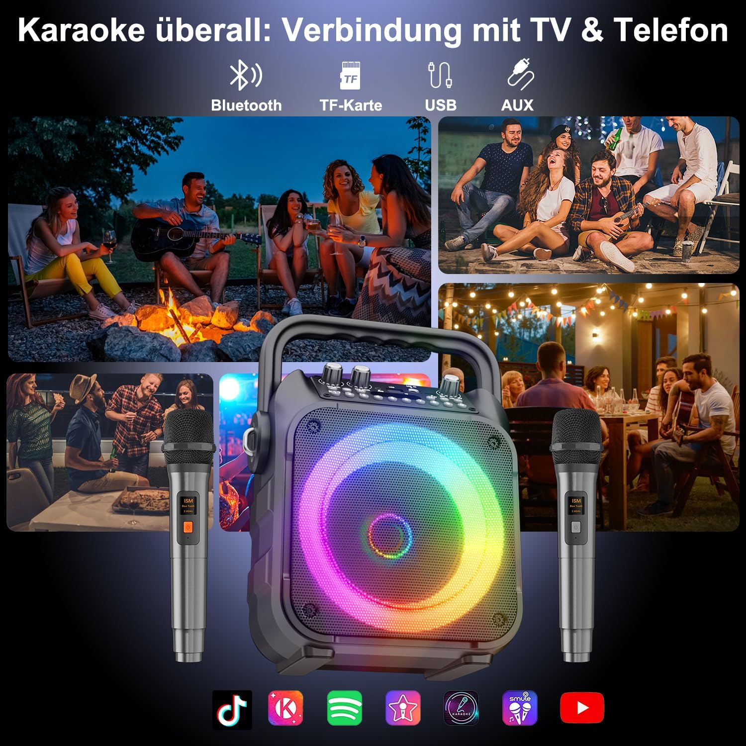 Tragbare Karaoke Maschine mit 2 Kabellosen Mikrofonen & LED – Bluetooth Lautsprecher schwarz