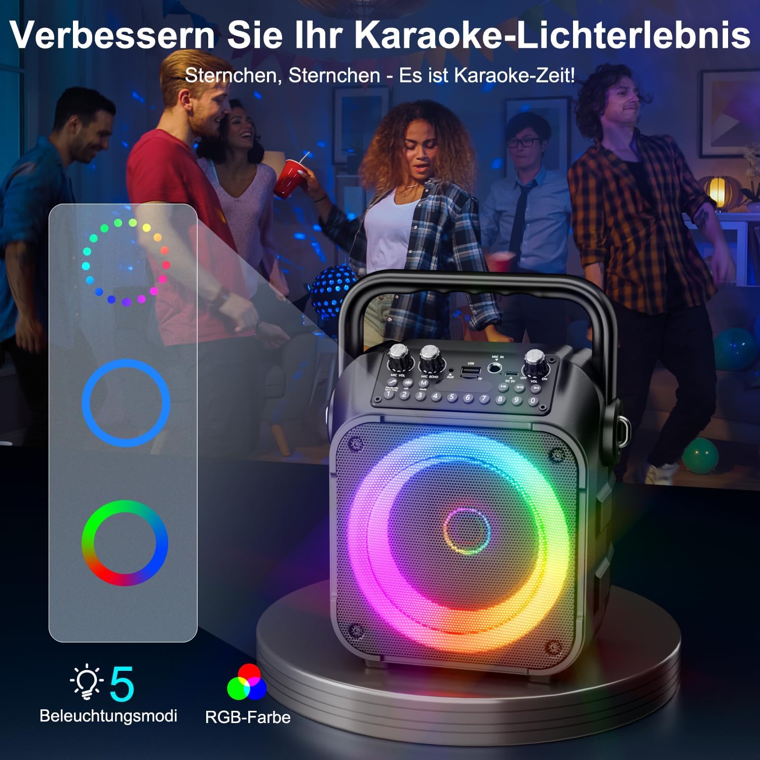 Tragbare Karaoke Maschine mit 2 Kabellosen Mikrofonen & LED – Bluetooth Lautsprecher schwarz